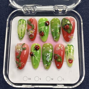 3D Ladybug Press On Nails: Floral Garden Art, Glossy Red & Green