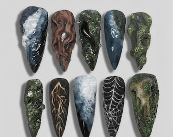 Nature Goblincore Press On Nails with Moss & Slug | Bio-organic 3D Textured Fake Nails | Dark Forest Core Ethereal Witchy Aesthetic