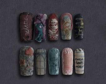 Ethereal Coraline Inspired Press-On Nails – 3D Sculpted Button-Eyed Doll, Hand-Painted Circus Mice and Spooky Button Key Motif Set