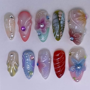 3D Floral Press On Nails: Spring Garden Pearl Nail Art