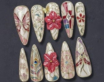 Art Nouveau Stained Glass Press-On Nails – 3D Enamel Flower & Gold Filigree