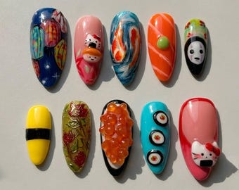 Unghie finte giapponesi a forma di sushi, unghie con maschera spirituale Maki a forma di uova di salmone 3D, unghie personalizzate in stile anime Kawaii.