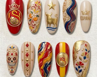 Spanien Fußball Fußball WM 2026 Press On Nails | Benutzerdefinierte Fußball Gefälschte Nägel | Luxus Spanisch Bull & Floral Gel Nägel | Fußball Cup Nail Art