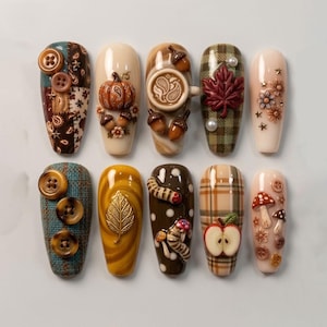 Handmade Cozy Autumn Press On Nails, 3D Pumpkin & Coffee Charm Set, Plaid And Patchwork Accents, Nails For Rustic Fall Vibes