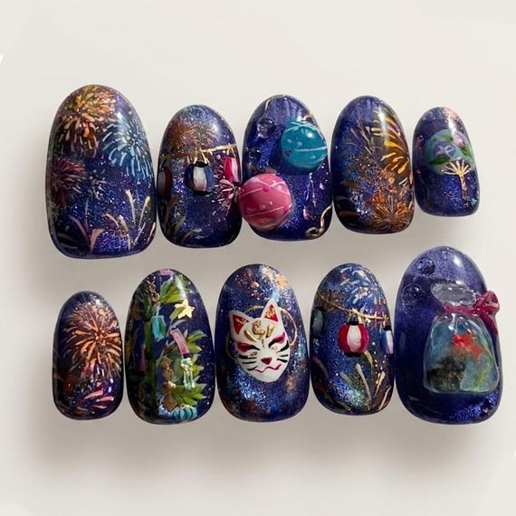 Handmade 3D Matsuri Press On Nails | Luxury Sculpted Kitsune Mask & Fireworks Art | Vibrant Japanese Festival Aesthetic, Statement Nails