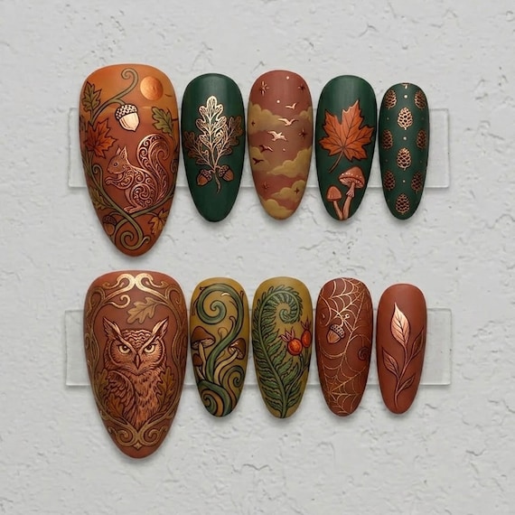 Handmade Enchanted Forest 3D Painted Press On Nails | Luxury Autumnal Woodland Art | Unique Cottagecore Aesthetic - Owl, Squirrel