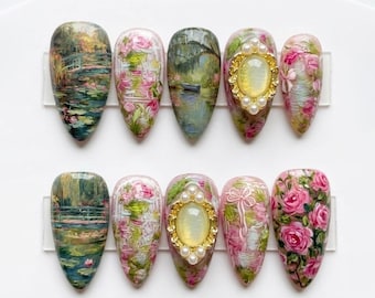 Handpainted Impressionist Art Press On Nails, Sculpted Vintage Gem & Floral Luxury Nail Set, Nails For Elegant Coquette Garden Vibes