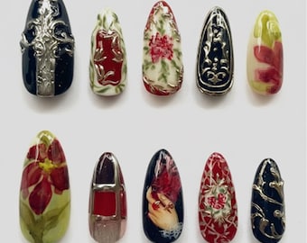 Handmade Gothic Press On Nails: Red Florals, Silver Accents, Long Almond Shape