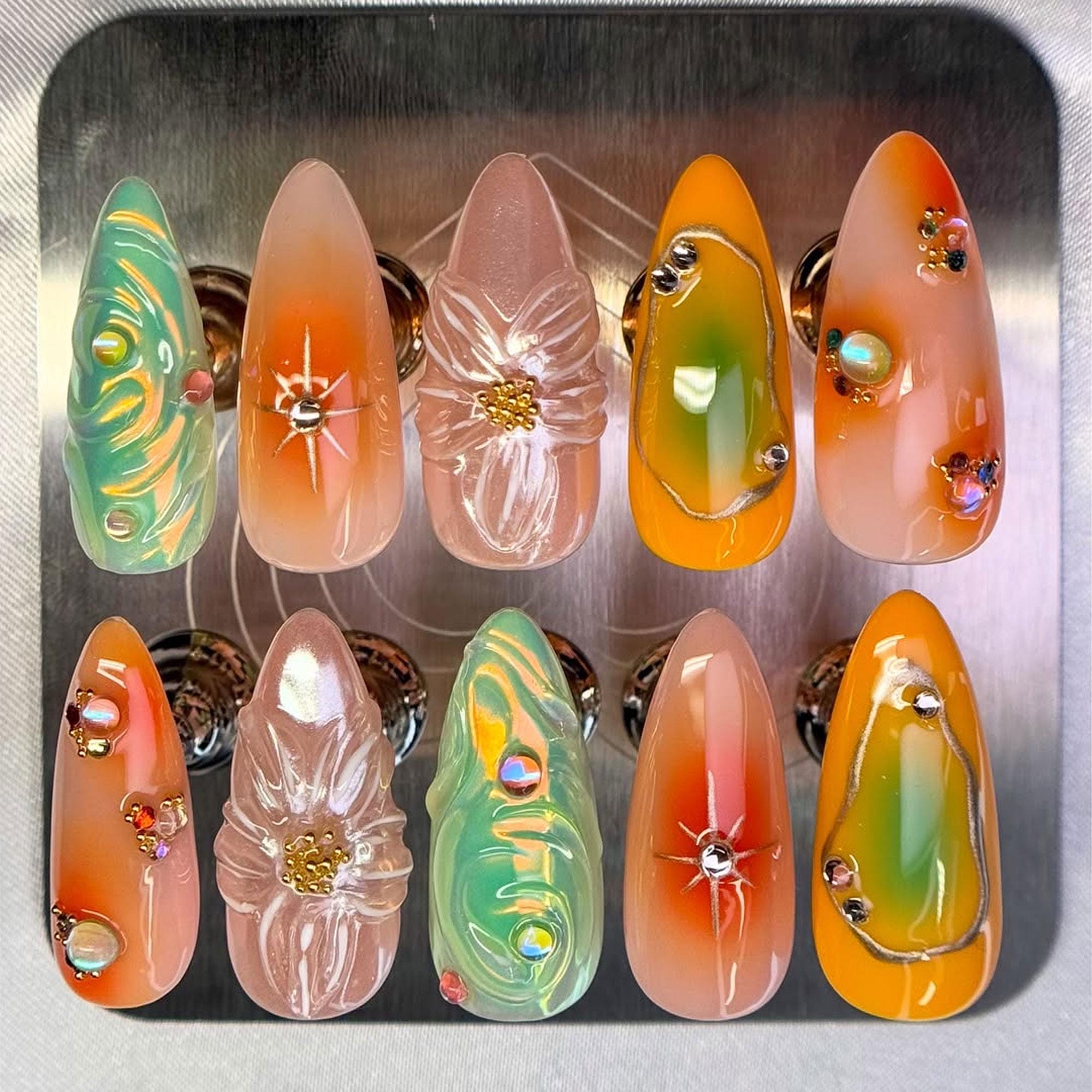 Abstract 3D Nails with Stone Accents