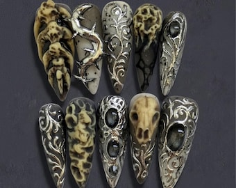 Dark Cathedral Press On Nails | 3D Bone Skull & Silver Filigree Nails | Gothic Victorian Aesthetic Fake Nails with Thorny Moon And Gemstones