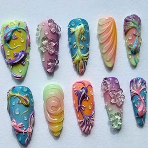 3D Koi Fish Press On Nails: Fantasy Stiletto Nail Art