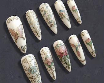 Art Nouveau Stained Glass Press-On Nails – Hand-Painted Bird, Butterfly & Lotus Motifs, Elegant Gold Filigree, Ivory Base with Almond Shape