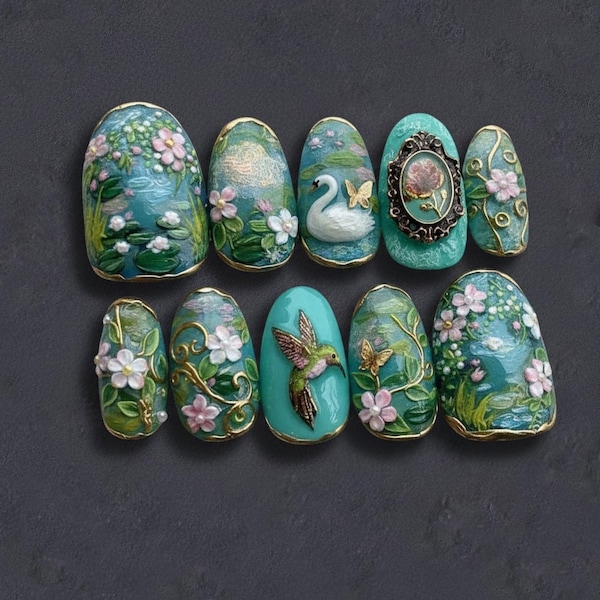 Monet Water Lily Pond Luxury Press-On Nails – Teal and Dusty Pink Set with 3D Swan & Hummingbird Charms, Floral Blooms, Gilded Frame Details