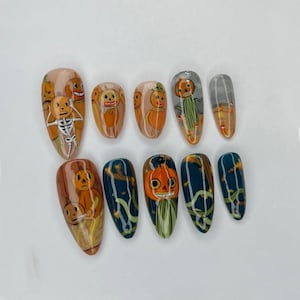 Pumpkin Skeleton Press On Nails: Hand-Painted Halloween Nail Art