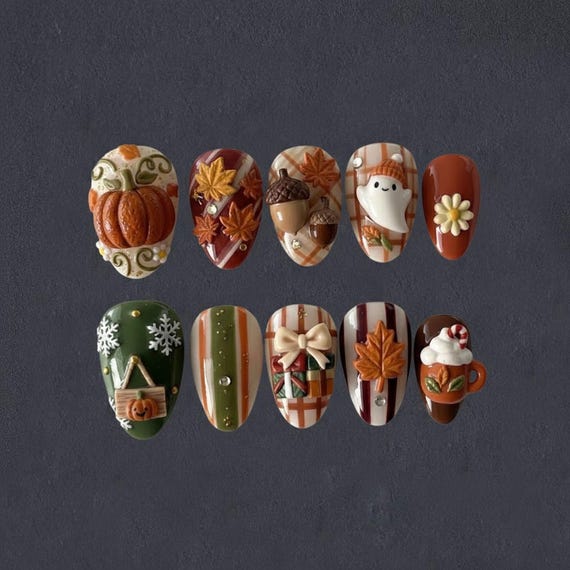 20 Fall Nail Ideas With Leaves, Plaid and Cozy Colors 12 Little Harvest Treasures