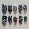 Luxury Christmas Press-On Nails: Blue & Gold Winter Nail Art