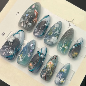 3D Jellyfish Press On Nails: Glossy Blue-Grey Ocean Nail Art