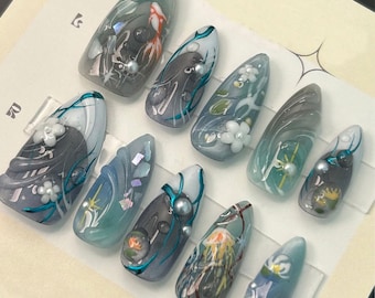 3D Jellyfish Press On Nails: Glossy Blue-Grey Ocean Nail Art