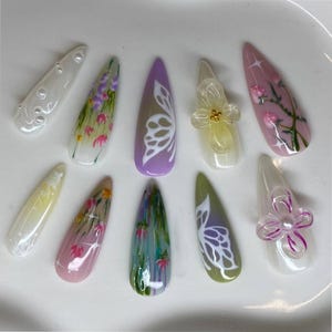 Butterfly Garden Press On Nails | 3D Floral & Pastel Nature Nail Art Set | Handmade Spring Meadow Look | Glossy Botanical Press Ons
