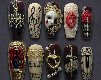 Handgefertigte PhantomOpera Relic Drücken Sie auf die Nägel | Luxus 3D Maske & Kronleuchter Kunst | Dark Musiktheater Ästhetik - Musik der Nacht Nägel