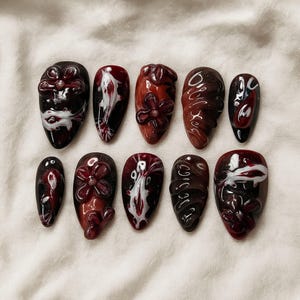 3D Press On Nails – Red Black Handmade Nail Set | Textured Floral Design | Gothic Alternative Nails | Unique Statement Style