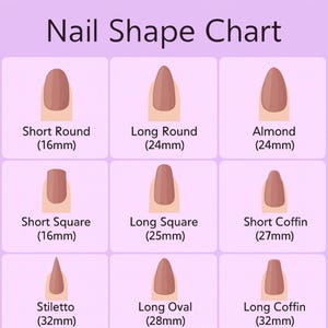 K&ouml;nnte beinhalten: Eine Nagelschatten-Tabelle mit neun verschiedenen Nagelformen, darunter Short Round, Long Round, Almond, Short Square, Long Square, Short Coffin, Stiletto, Long Oval und Long Coffin. Jede Form wird mit einem braunen Nagel auf hellviolettem Hintergrund dargestellt. Ma&szlig;e in Millimetern.