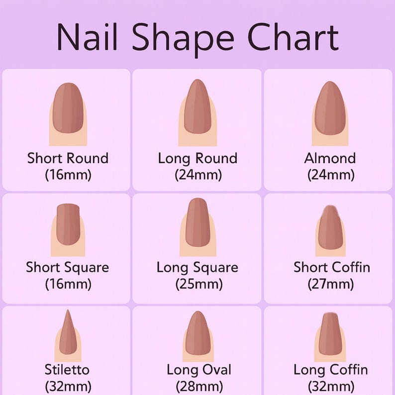K&ouml;nnte beinhalten: Eine Nagelschatten-Tabelle mit neun verschiedenen Nagelformen, darunter Short Round, Long Round, Almond, Short Square, Long Square, Short Coffin, Stiletto, Long Oval und Long Coffin. Jede Form wird mit einem braunen Nagel auf hellviolettem Hintergrund dargestellt. Ma&szlig;e in Millimetern.
