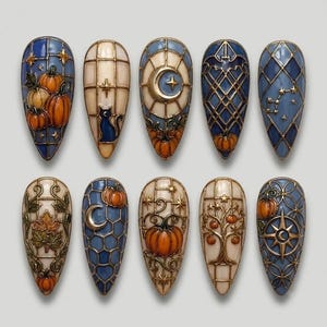 May include: A set of ten almond-shaped nail art tips featuring intricate stained glass designs. The motifs include orange pumpkins, black cats, crescent moons, autumn leaves, trees, and geometric patterns in shades of blue, cream, and gold.