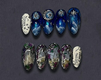 Handmade ACOTAR Inspired Press On Nails | Luxury 3D Night Court & Spring Court Art | Stained Glass Aesthetic - Bookish Fantasy Nails