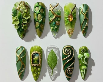 Whimsical Enchanted Forest Press On Nails | 3D Mossy Mushroom & Ivy Nails | Fairy Core Nature Art Fake Nails