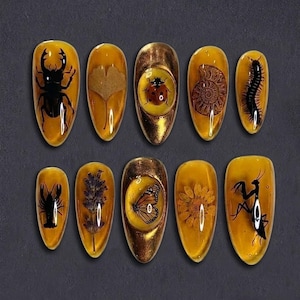 May include: A set of ten artificial nails with a glossy, amber-colored finish. Each nail features a unique design, including insects, a leaf, and a flower, encased in a clear, gel-like material. The designs are in black and brown.