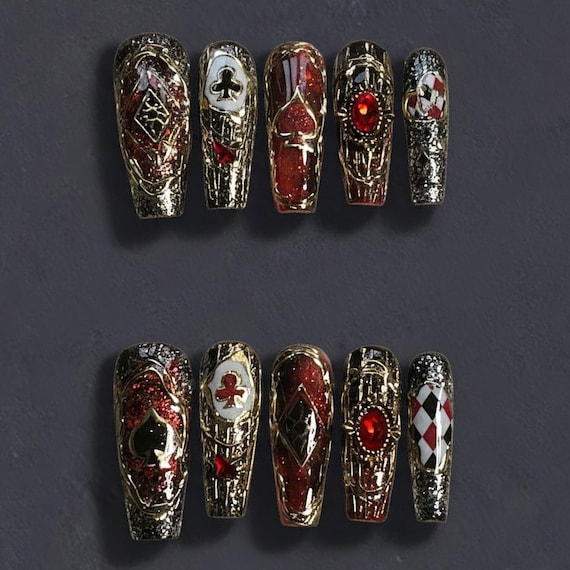 Gothic Press On Nails with Hearts & Spades | Gothic Queen of Hearts Fake Nails in Long Coffin | Handmade Playing Card Art