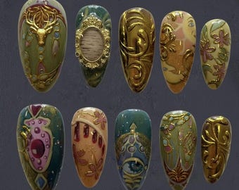 Edle Elfen Press-Ons – Gold Filligran, Mystischer Hirsch, Cabochon Edelsteine
