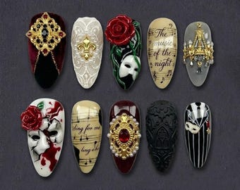 Le Fantôme de l'opéra fait main à presser sur les ongles | Mascarade 3D de luxe et oeuvres d'art à la rose rouge | Esthétique du théâtre gothique - Partition musicale