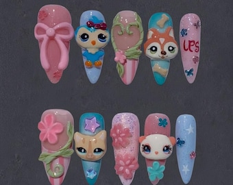 Y2K Littlest Pet Shop Press-On Nails – 3D Animal Charms, Kawaii Nail Art