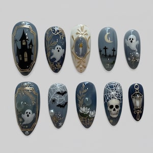 Halloween Press On Nails: Gothic Ghost, Haunted House Nail Art