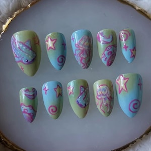 Kawaii Galaxy Press On Nails: Pastel Spacecore Jellyfish & Stars