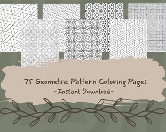 Puede incluir: Una colección de páginas para colorear con patrones geométricos. La imagen muestra varios diseños geométricos en blanco y negro, incluyendo líneas, formas y patrones repetitivos. El texto en la imagen dice "75 Geometric Pattern Coloring Pages - Instant Download-".
