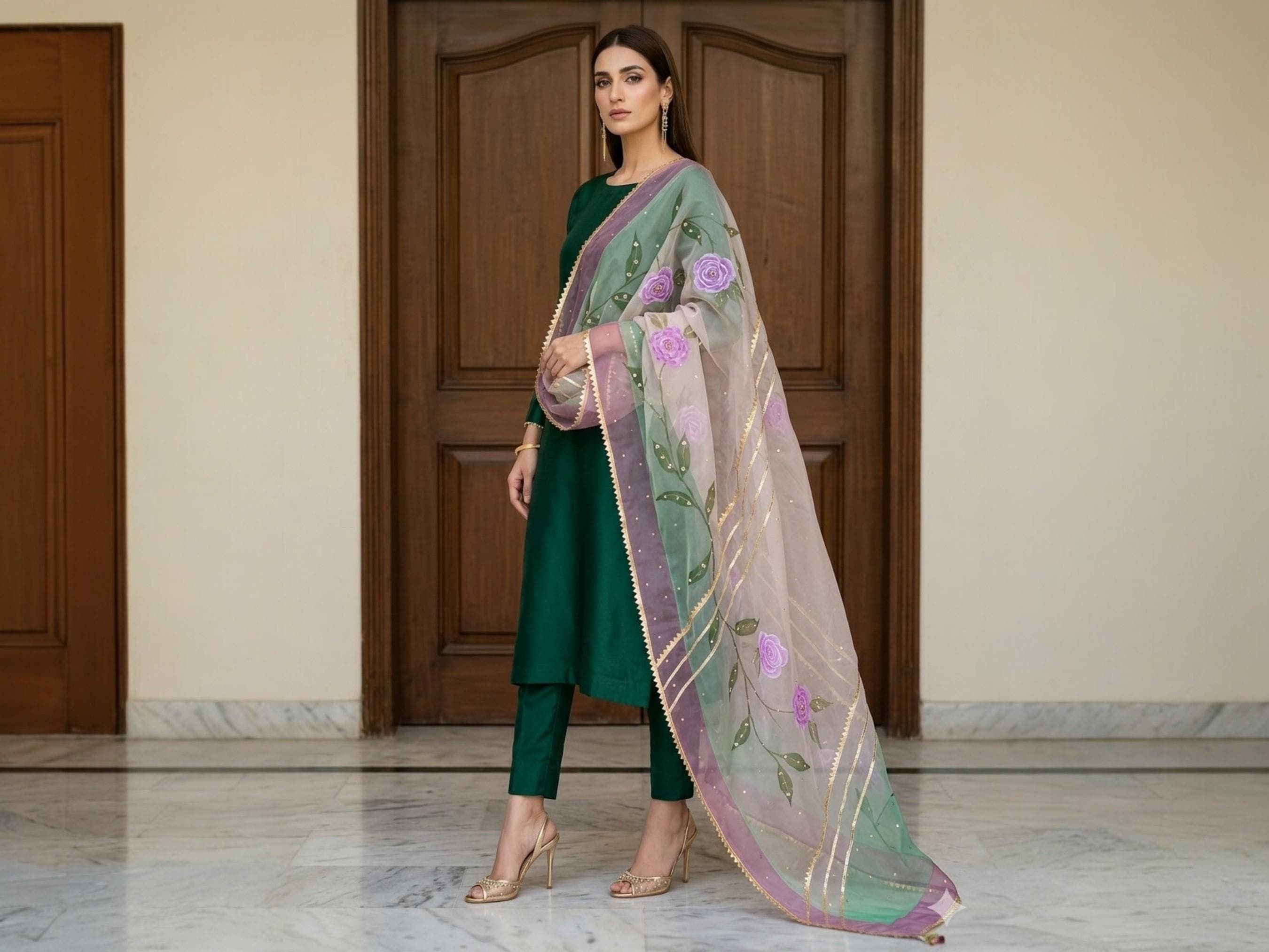 open lace back dress Ready to Wear Hand Painted Green Colour Organza Lehenga Rajasthani Look   Sanjoni