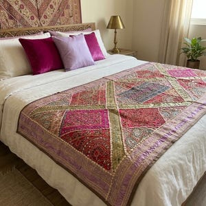 Hand Embellished Patchwork Throw  tapestry  Embroidery Boho Bedspread, Table Runner