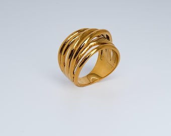 Può includere: Un anello color oro con un design a più bande. L'anello presenta più bande parallele che si incurvano attorno al dito, creando un aspetto aperto e intrecciato. L'anello è realizzato in un metallo lucido e riflettente.
