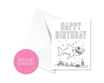 Printable Happy Birthday Card | Shark - Instant Download, DIY coloring page, print and color