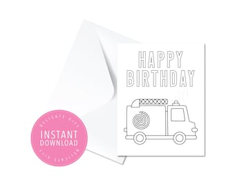 Printable Happy Birthday Card | Fire Truck - Instant Download, DIY coloring page, print and color