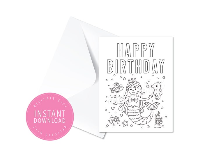 Printable Happy Birthday Card Mermaid Instant Download, DIY Coloring ...