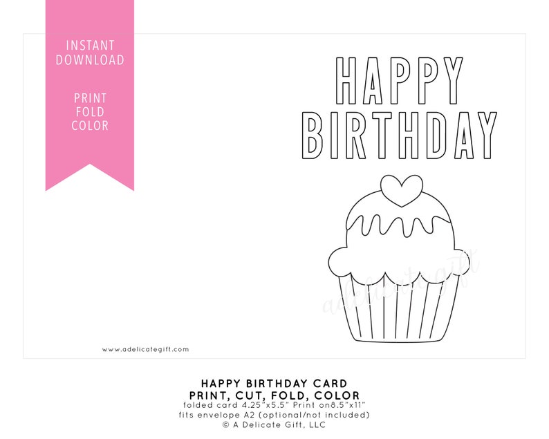 Printable Happy Birthday Card Cupcake Instant Download, DIY Coloring ...