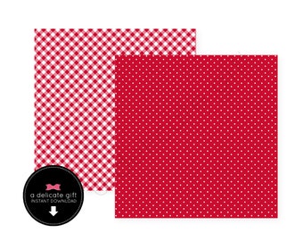 Red Scrapbook Paper; Barn Farm Gingham; Printable; Instant Download; red gingham and red dot; Digital Paper