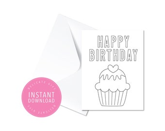 Printable Happy Birthday Card | Cupcake - Instant Download, DIY coloring page, print and color