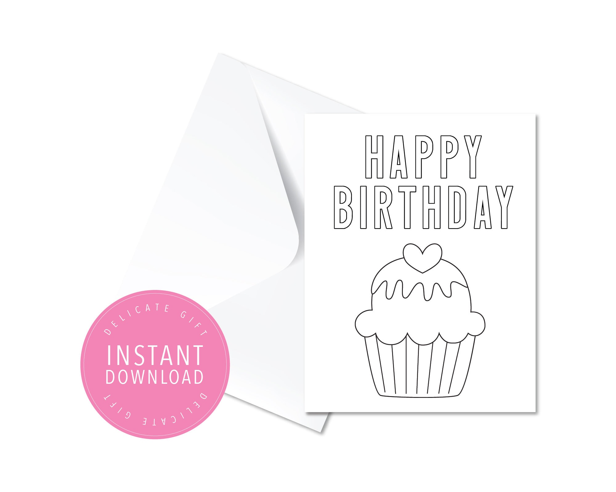 Printable Happy Birthday Card Cupcake Instant Download, DIY Coloring ...