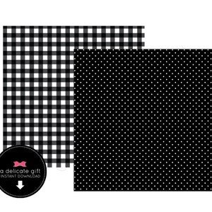 Scrapbook Paper; Printable; Instant Download; Black gingham and Black Dot