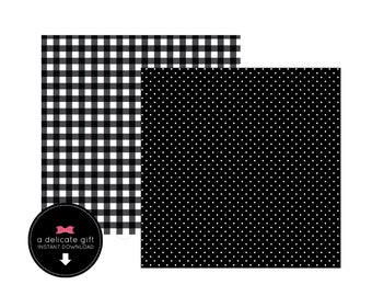 Scrapbook Paper; Printable; Instant Download; Black gingham and Black Dot